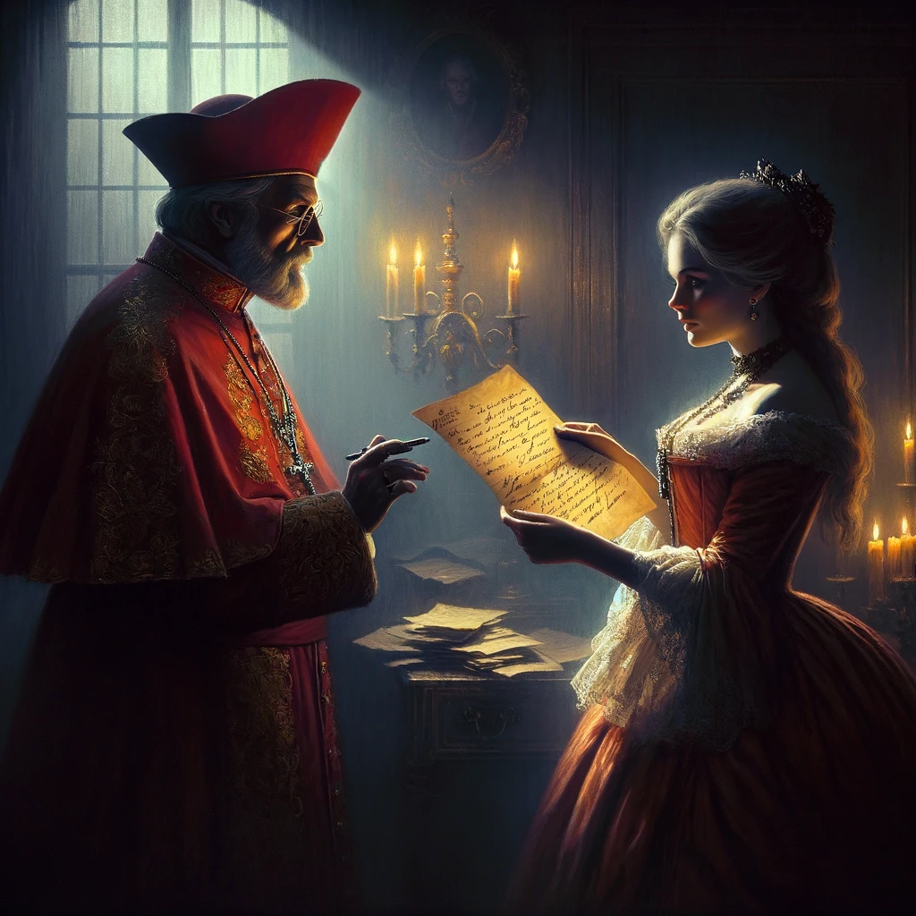 AI generated image of Cardinal de Rohan and Jeanne de la Motte's secret meetings